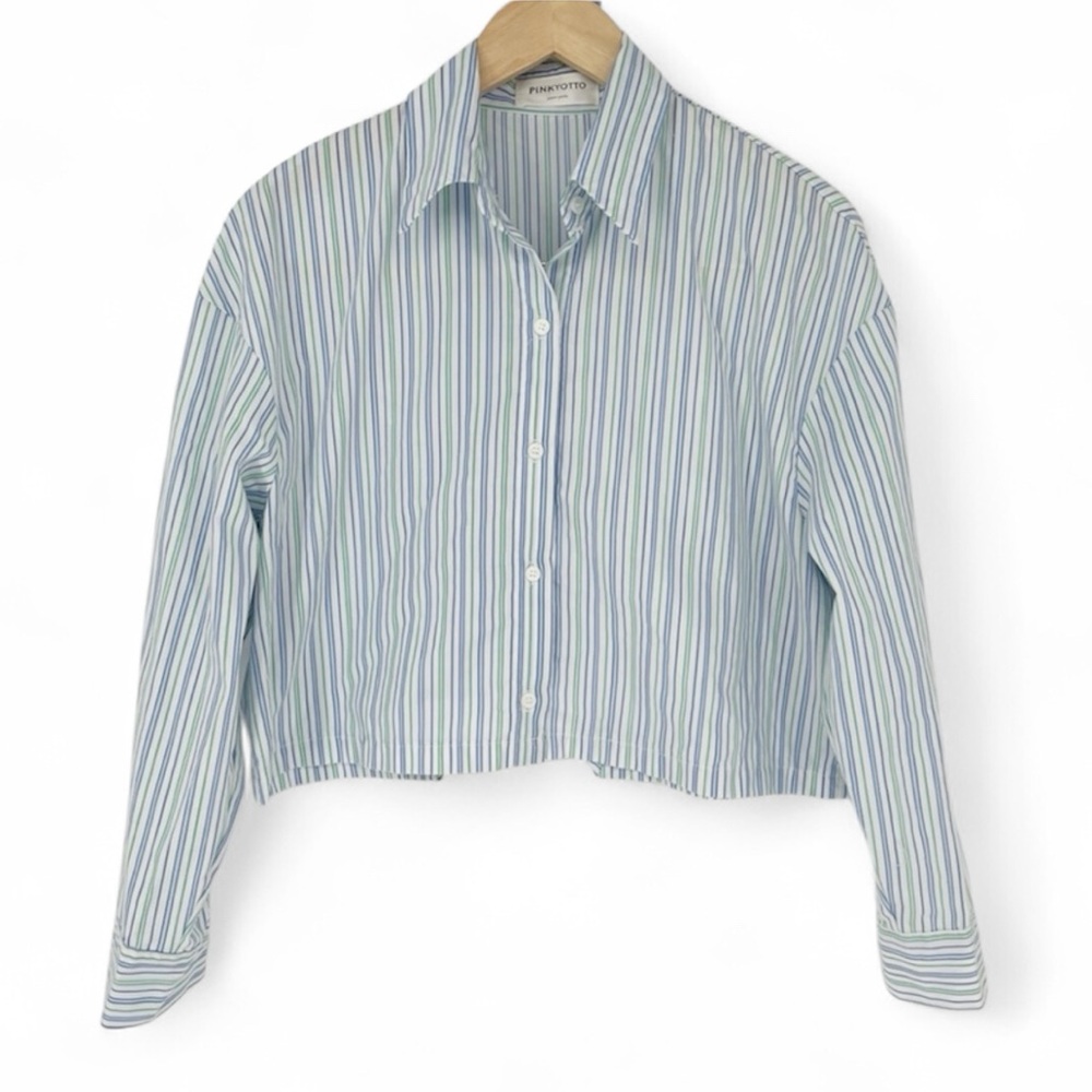 PinkYotto New York Striped Cropped Button Down Collared Shirt Split‎ Back Medium